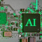 Glowing ai chip on a circuit board.